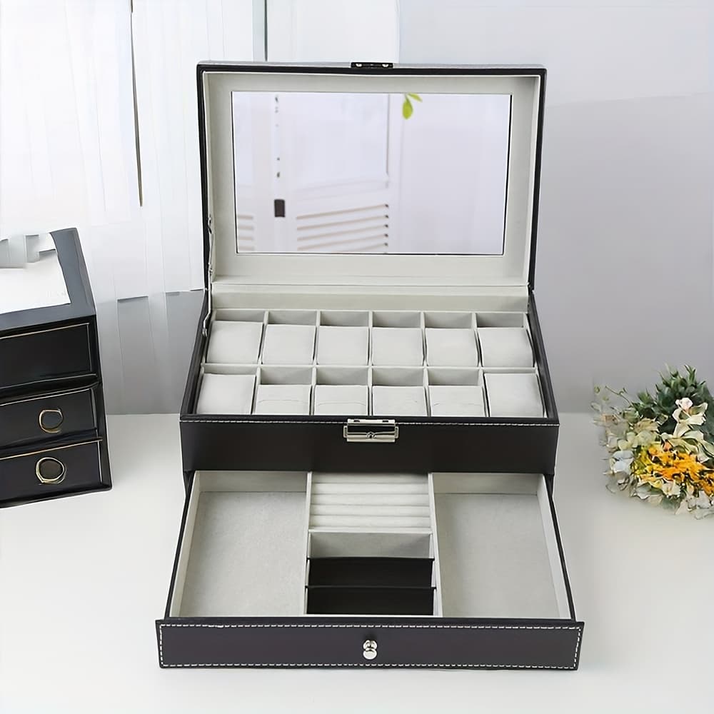 TEMU A 12-compartment Faux Leather Watch Storage Box That Locks, Suitable For Men's And Women's Jewelry, Featuring Drawers And A Two-tier Design With A Glass Top For Displaying Watches And Glasses