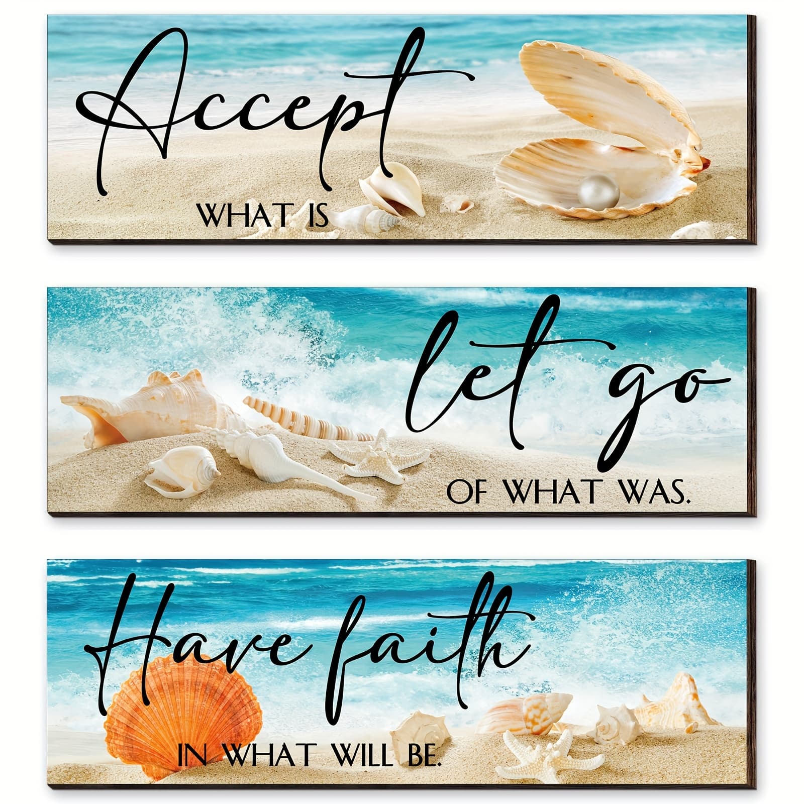 TEMU Set Of 3 Ocean-themed Wooden Wall Decorations Featuring Quotes About , , And Having Faith. Perfect For Hanging In A Bedroom Or Bathroom, Each Sign Measures 11 X 3.5 X 0.2 Inches