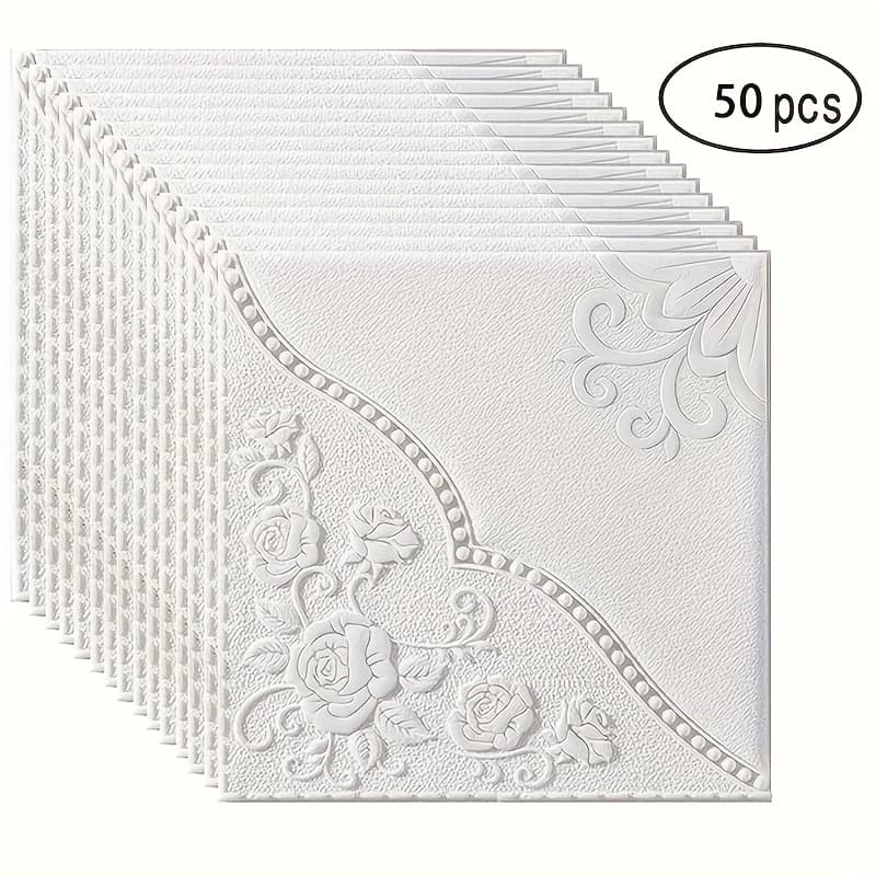 TEMU 50pcs 3d Flower Pattern Wall Tile Stickers | Self-adhesive, Waterproof, Easy To Stick & Peel, 13.78*13.78 Inches For Kitchen, Living Room, Bathroom