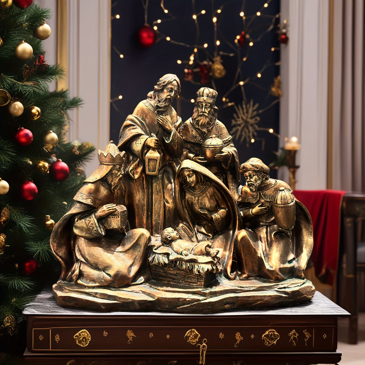 TEMU Christmas Vintage Nativity Set - Heavy-duty Carved Resin Statue/christmas Eve Table Centerpiece/church Ceremonial Display/european Art/christian Holiday Gift/ Religious Art