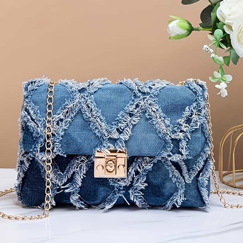 TEMU Premium Textured Fashion Check Small Square Bag, Exquisite Twist Lock With Metal Chain Women's Crossbody Bag, Versatile For Vacation, Casual, And Commuting