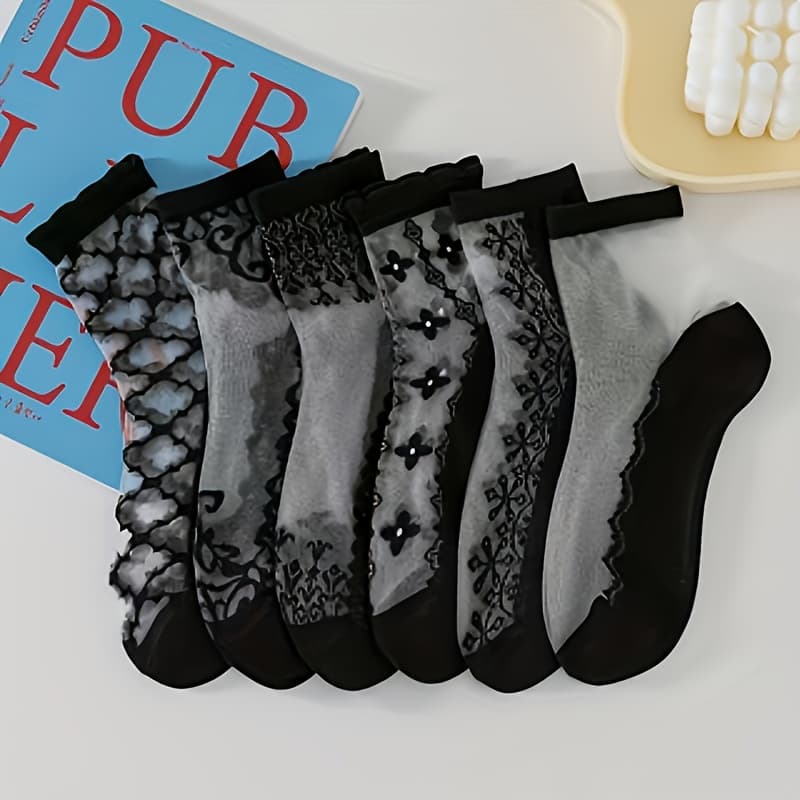 TEMU Random 5 Pairs Lace Nude Lace Trim Durable Breathable Socks Bottom Crystal Mid-calf Anti-slip Mesh Surface Cool Comfortable Socks
