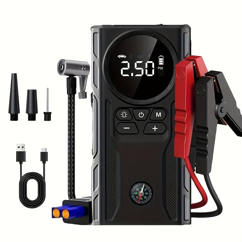 TEMU Portable Car Jump Starter With Air Compressor, 7000a 150psi Battery Jumper Starter Portable (9.0 Gas/8.0l ), Jump Box Car Battery Jump Starter With Smart Jumper Cables, 3 Flashlight, Lcd Display