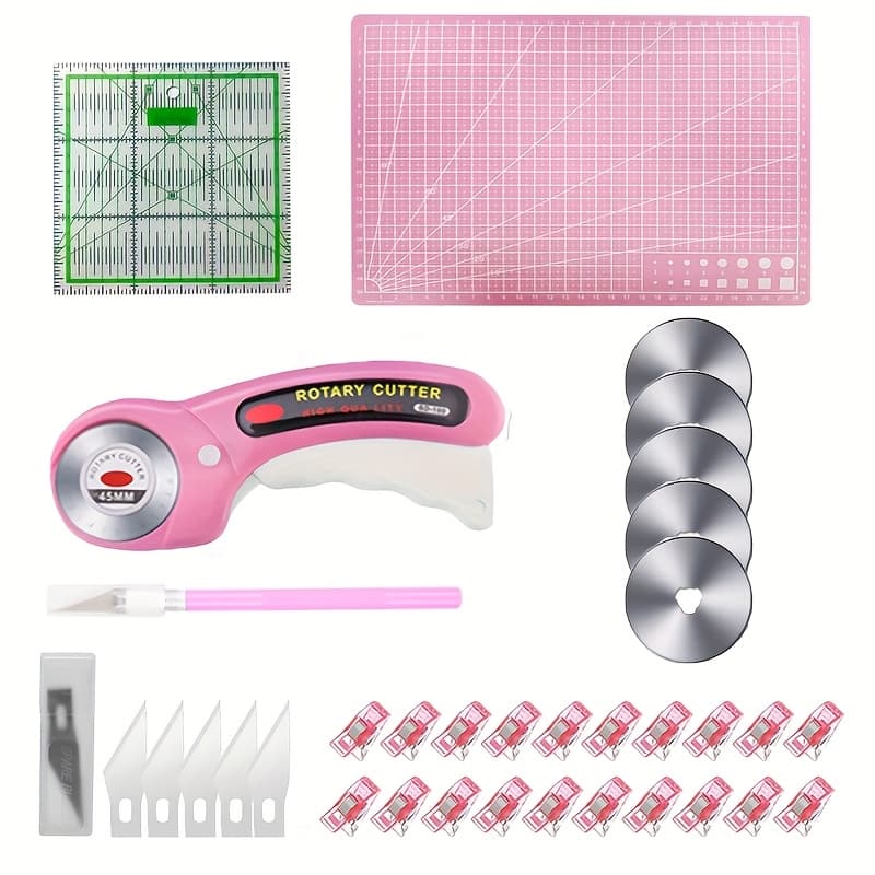 TEMU 45mm Manual Cutting Rotary Fabric Cutter Set With Sharp Blade Safety Replacement A4 Cutting Knife Acrylic Ruler Sewing Clips For Quilting Weaving Projects