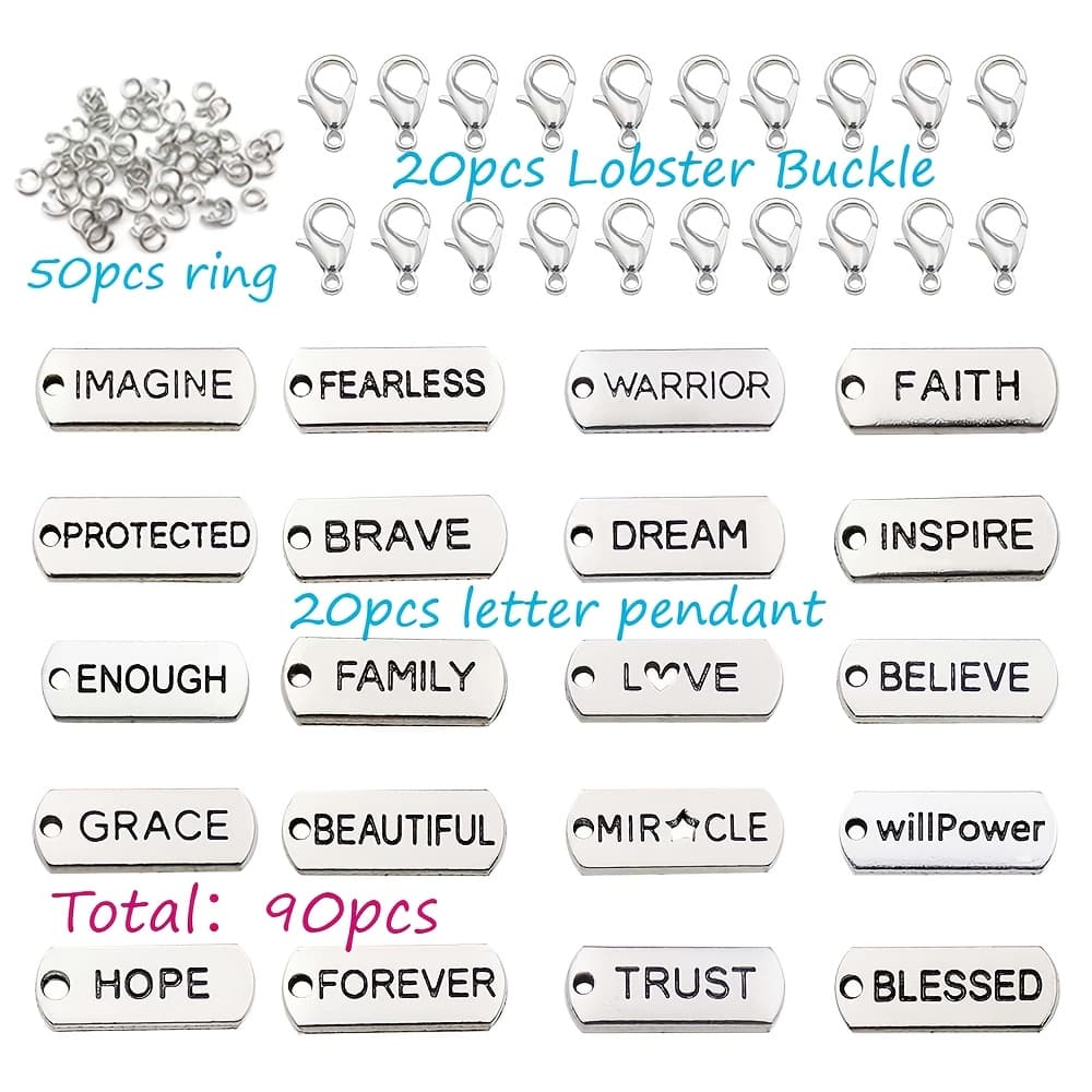 TEMU 90pcs Diy Keychain Making Kit - Antique Silvery Inspired Pendant, Lobster Clasp Ring For Jewelry Handmade, Handmade Materials, Text Pendant, Split Ring