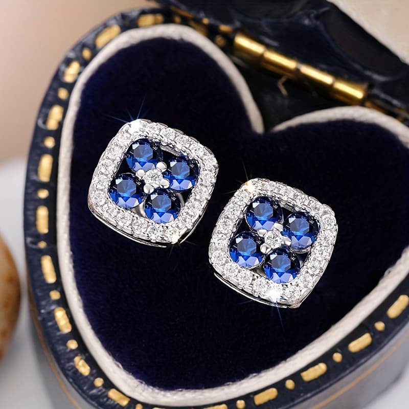 TEMU Minimalist Elegant Square Stud Earrings Inlaid With Blue Synthetic Zirconias For Women's Engagement, Wedding, And Party Jewelry, Daily Casual Additions