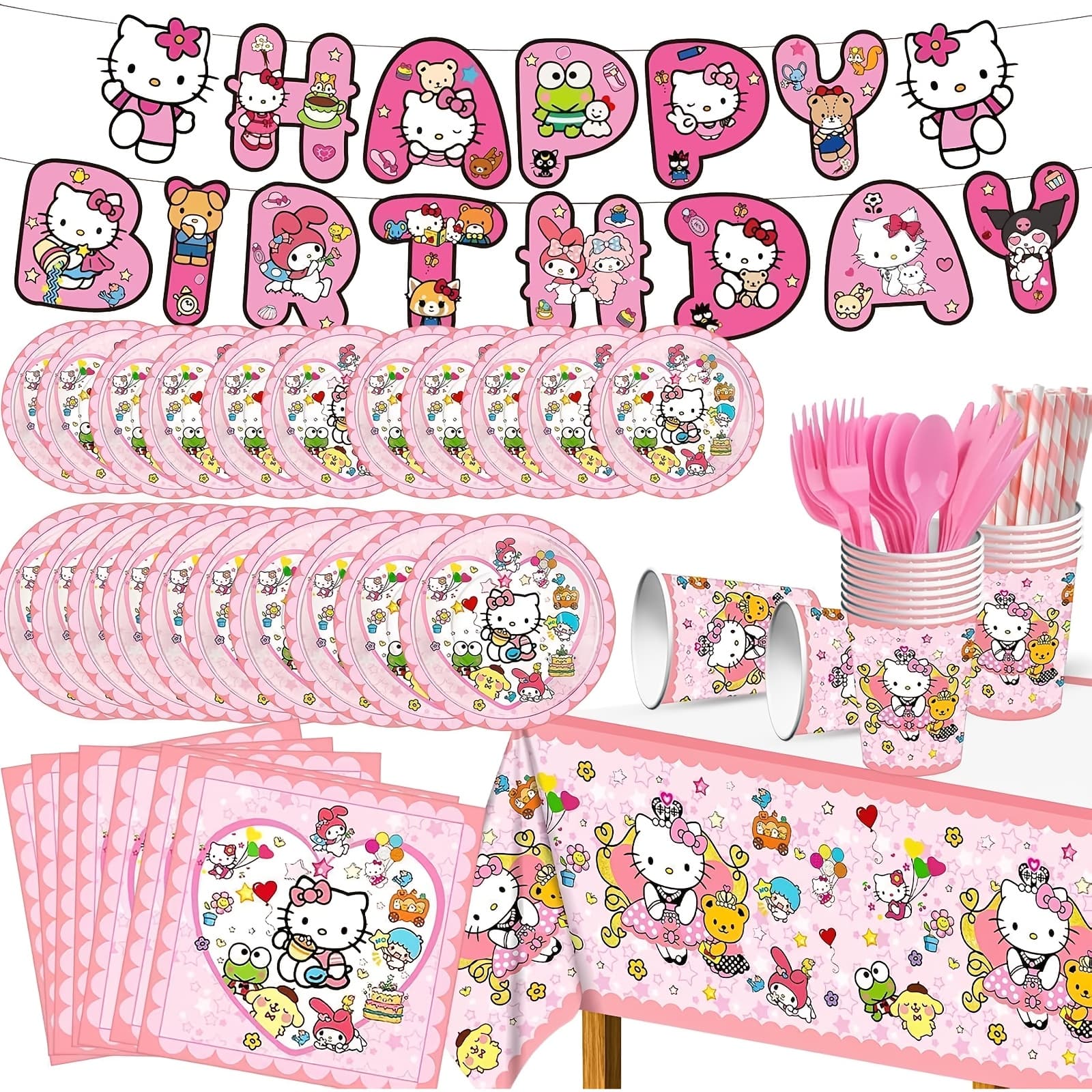 TEMU 92pcs Hello Kitty Birthday Party Supplies Kawaii Party Tableware Party Supplies Banner Party Plates And Napkins Tablecloth For Birthday Party Decorations[ Genuine License]