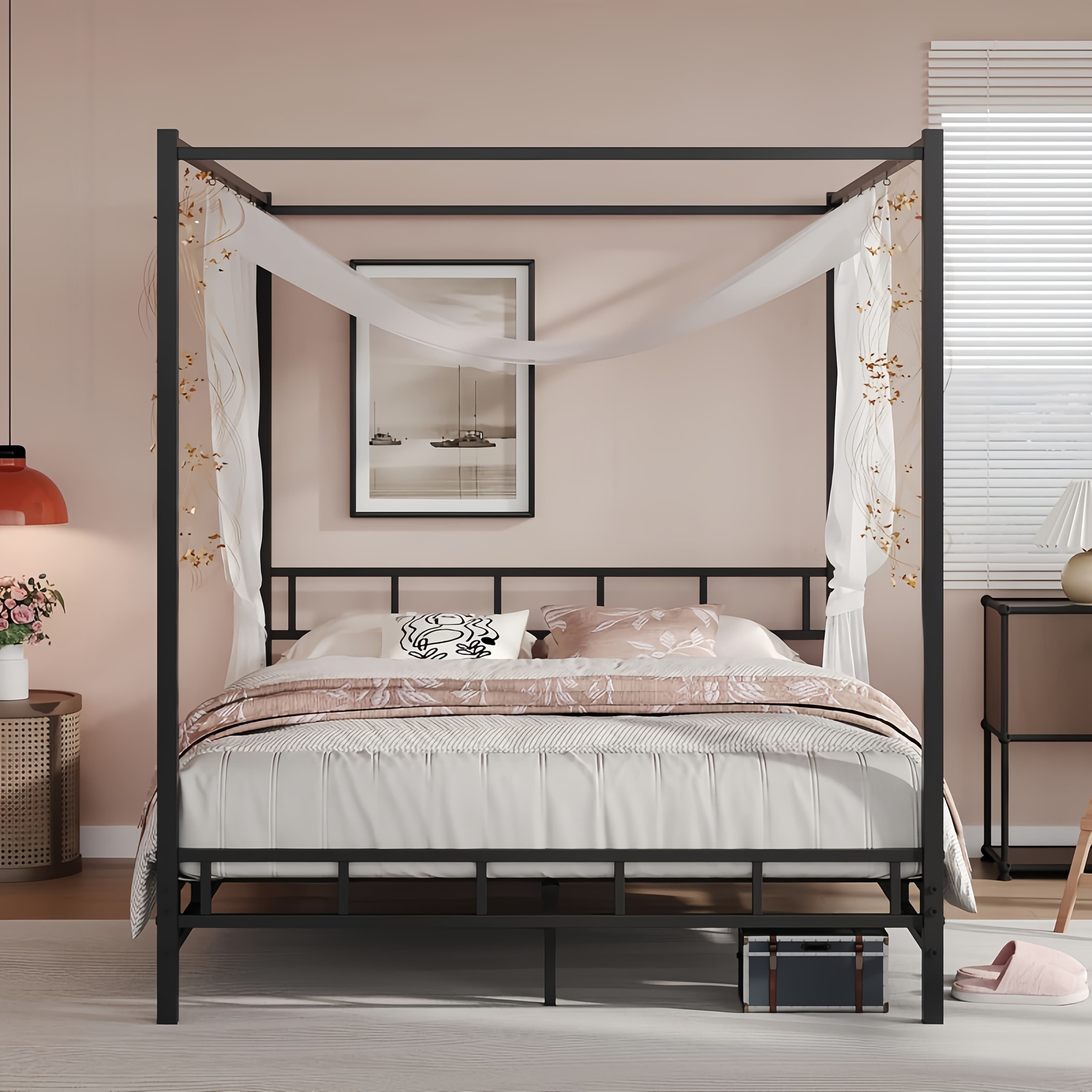 TEMU Full Queen Canopy Bed Frame With Headboard And Footboard, Mattress Foundation Platform With Metal Slats Support, Spring Needed, Easy Assembly, Black