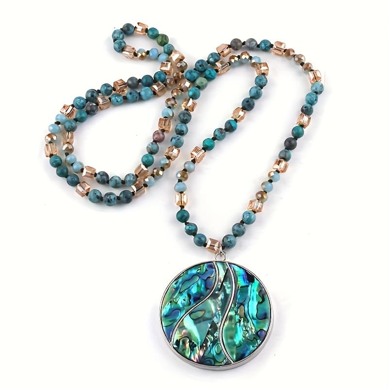 TEMU Classic Boho Natural Stone Beaded Necklace Knotted Necklace, Agate Cut Pendant Necklace, Fashionable Bohemian Style Sweater Chain, Wear, Special Occasions And Gift