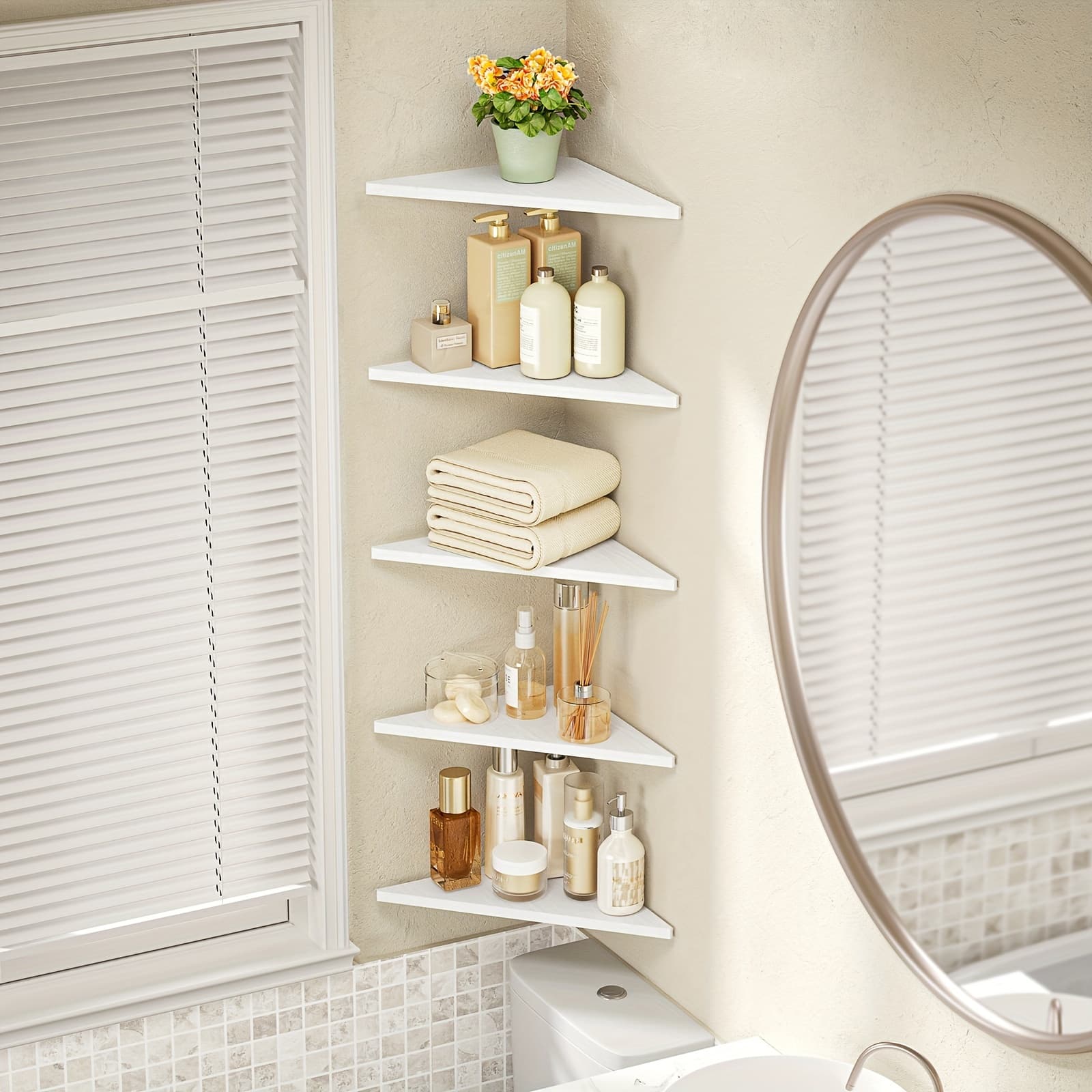 TEMU Set Of 5 Wall-mounted Corner Shelves -, Rustic Wood Floating Shelves For Storage, Display In Bedroom, Bathroom, Living Room, Kitchen - White