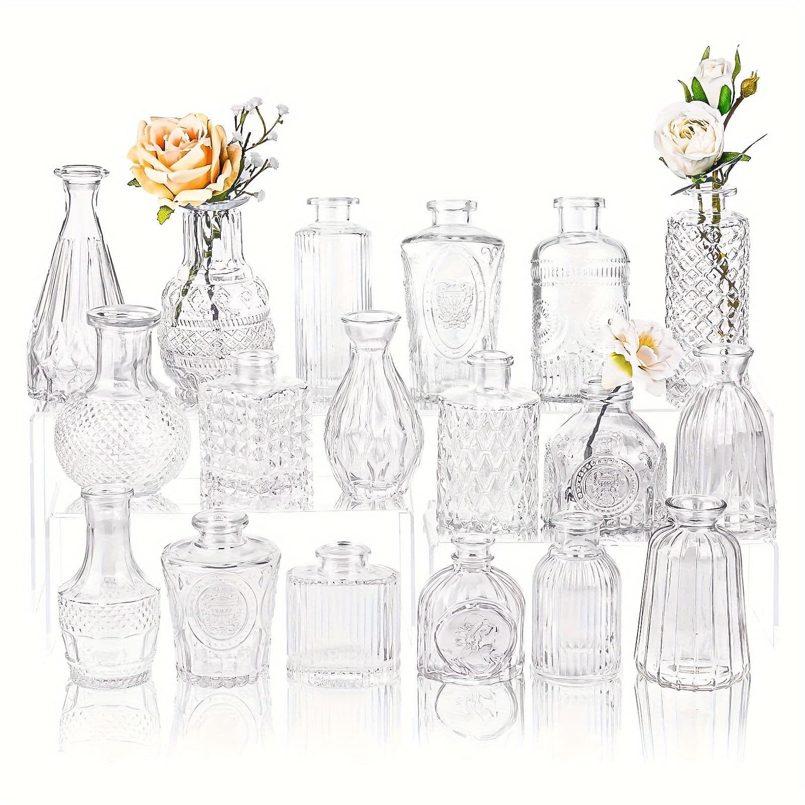 TEMU Tomnk 18/45/54pcs Bud Vases, Transparent Embossed Vases For Home Decor, Small Glass Vase For Christmas Decoration, Clear Flower Vases For Wedding, Vintage Vase For Bedroom And Living Room