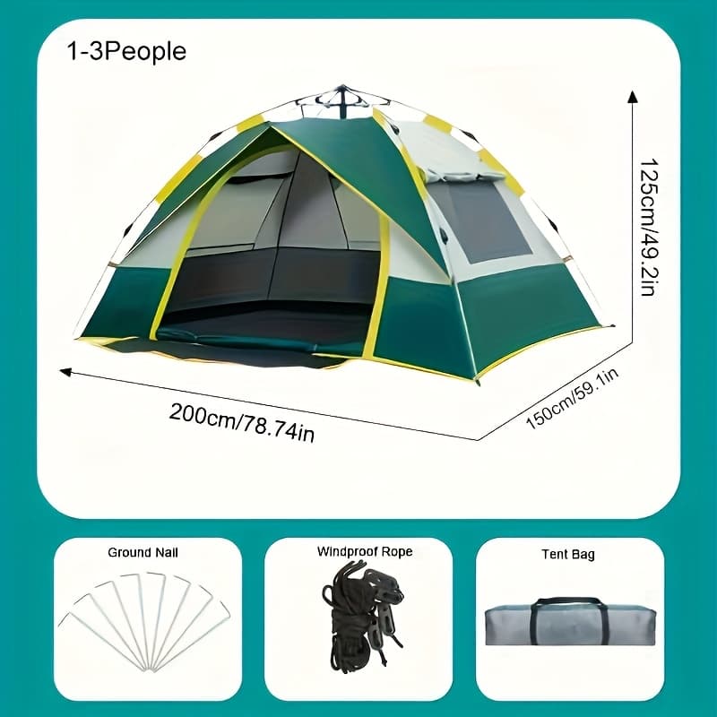 TEMU Automatic Instant Setup Camping Tent - 1-3/3-4 Person Tent With Dual Doors And Mesh Windows, Windproof Lightweight Green/ For Camping, Hiking, Hunting, Travel, Outdoor Shelter, Campers Additions