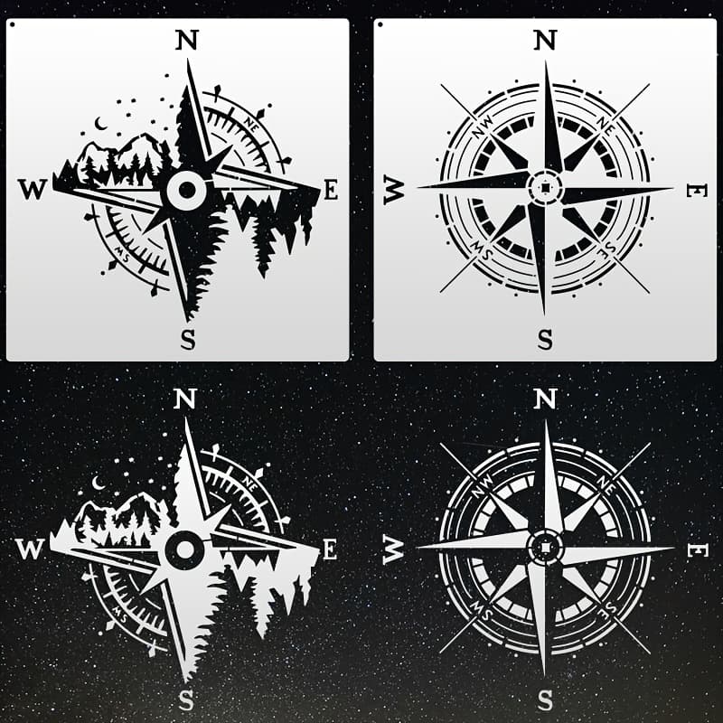 TEMU 2 Large Compass/forest Stencils, 30x30cm Reusable Painting Templates For Painting, Canvas, Spray Printing, Furniture, Home Decor, Diy Crafts, And Holiday Gifts