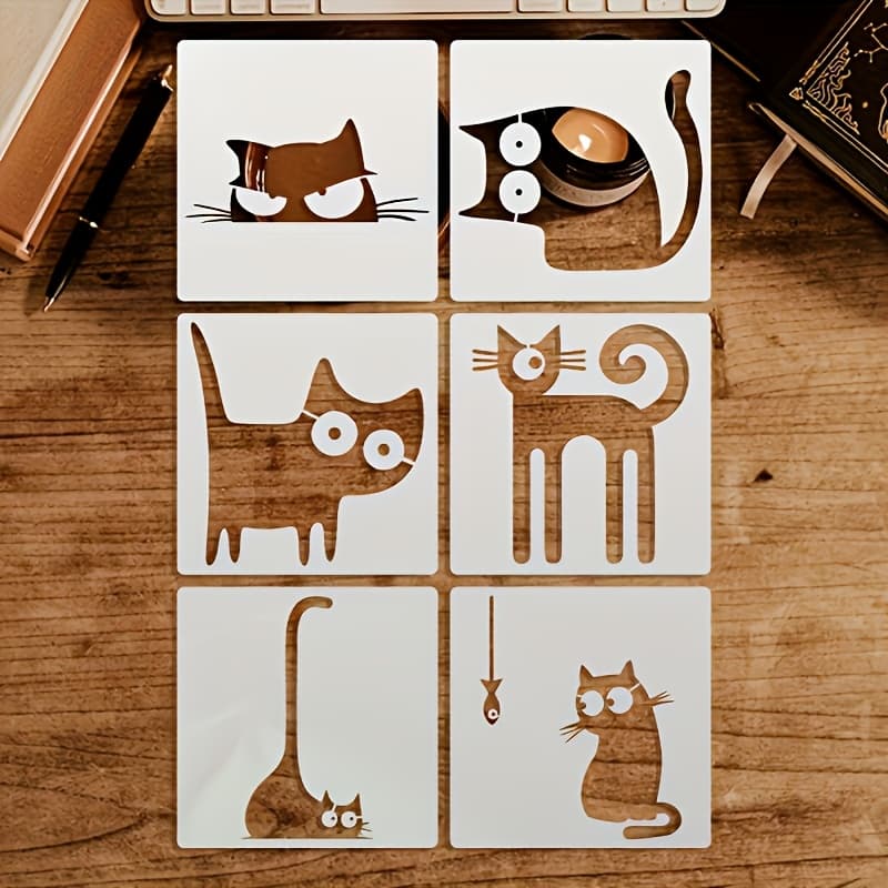 TEMU Reusable Washable 6-opening Cat Painting Stencils - Cat Template For Artists, Scrapbooking, Card Making, Canvas Use - Durable Reusable Washable Cat Shaped Stencil