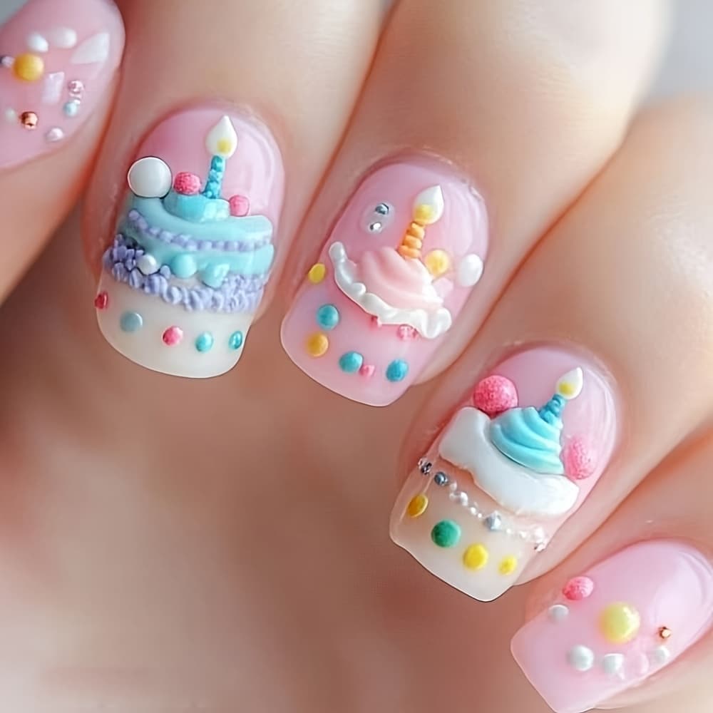TEMU A Set Of -shaped False Nails Featuring A Sweet And Cute Cartoon Cake Design With A Glossy End, Suitable For Women And