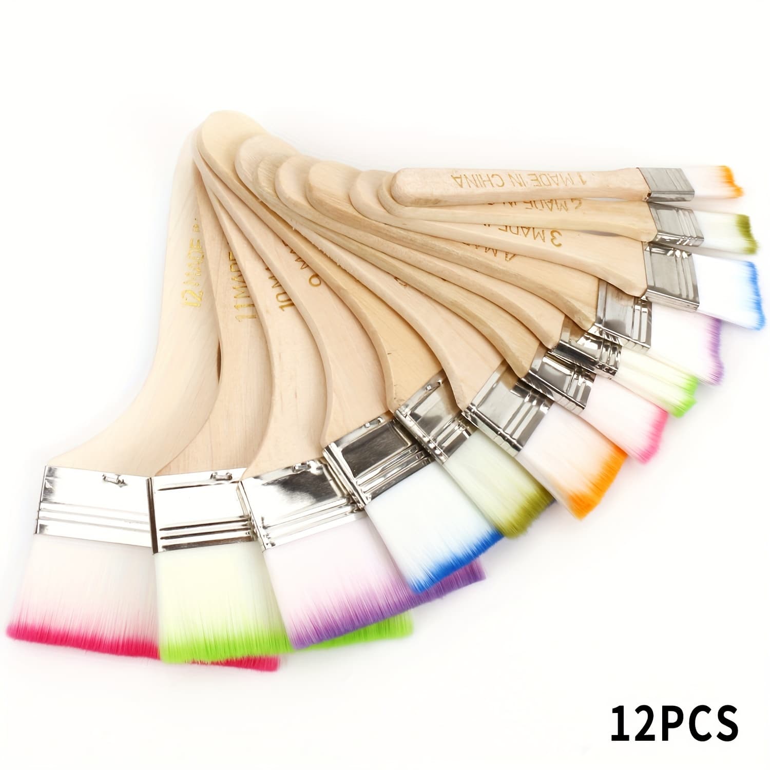 TEMU 12pcs Assorted Sized Nylon Flat Oil Painting Brush For Painting Art, Easy To Clean, High Quality Wooden Cleaning Brush