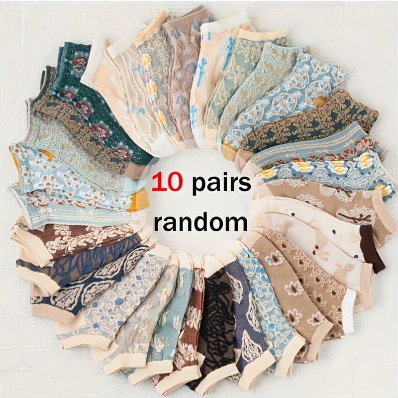 TEMU Vintage Jacquard Ankle Socks, Of 10 Pairs With Beautiful Random Patterns! Enjoy A Surprise Of 10 Pairs Of ! Unique And Ankle Socks Are A Perfect Accessory