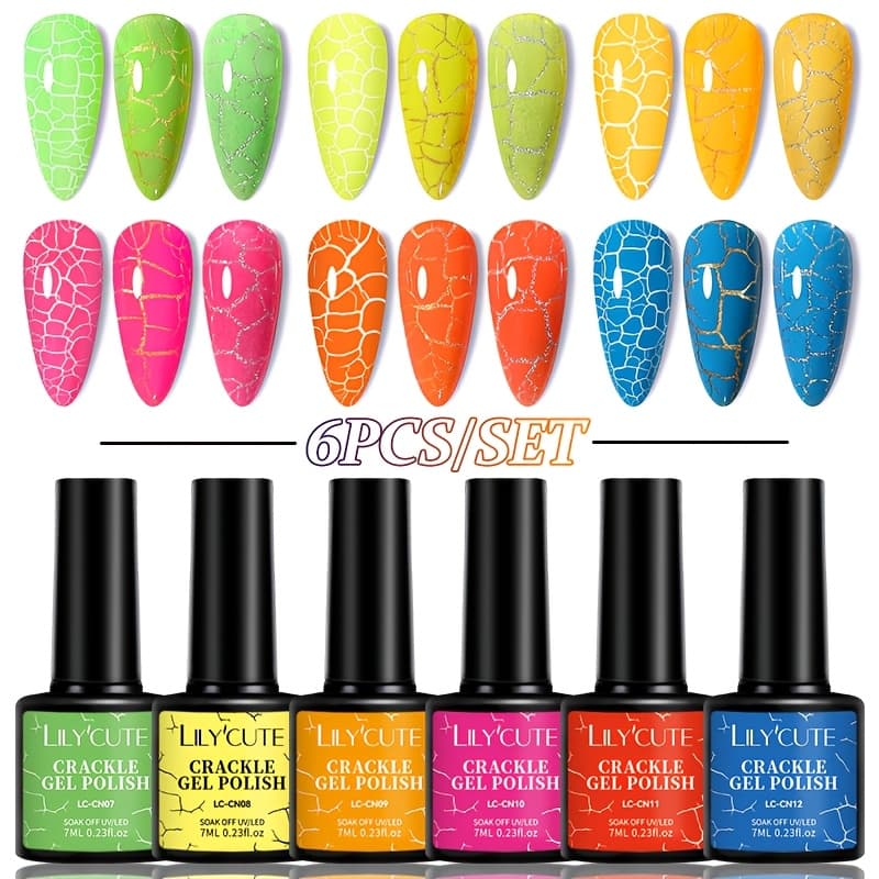 TEMU Lilycute 6pcs 7ml Fluorescent Crackle Gel Nail Polish Vernis Neon Red Yellow Blue Semi Permanent Gel Varnish Nail Art Manicure
