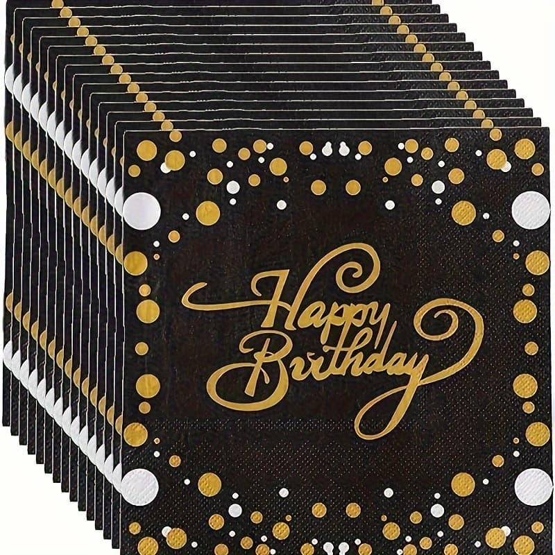 TEMU 40pcs Black Disposable Napkins With Golden Happy Birthday Design, 2-ply Dining Tissues For Weddings, Anniversaries & Themed Parties - Gdgdsy