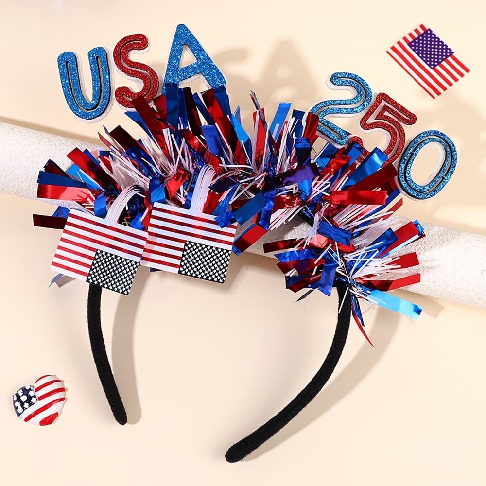 TEMU 1 Pack Usa Patriotic 250th Anniversary Headband, Tinsel Hairband With Glitter Letters, Day Party Hair Additions For Women