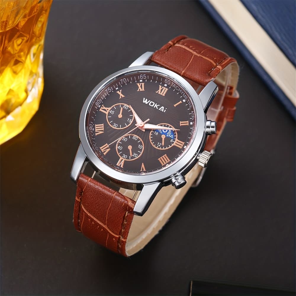 TEMU Men Exquisite Fashion Faux Leather Watch Male Wristwatch