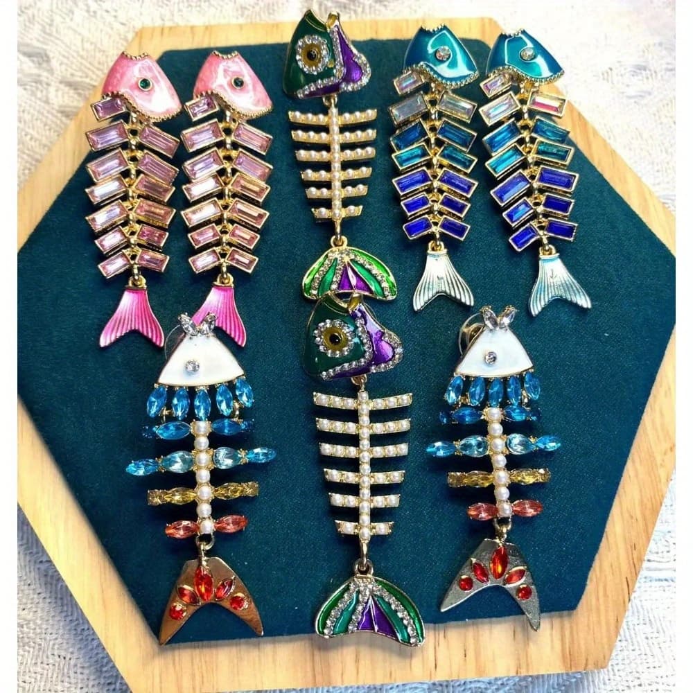 TEMU 4pr Creative Colored Fishbone Earrings Set, Personality Temperament Splicing Animal Earrings For Women