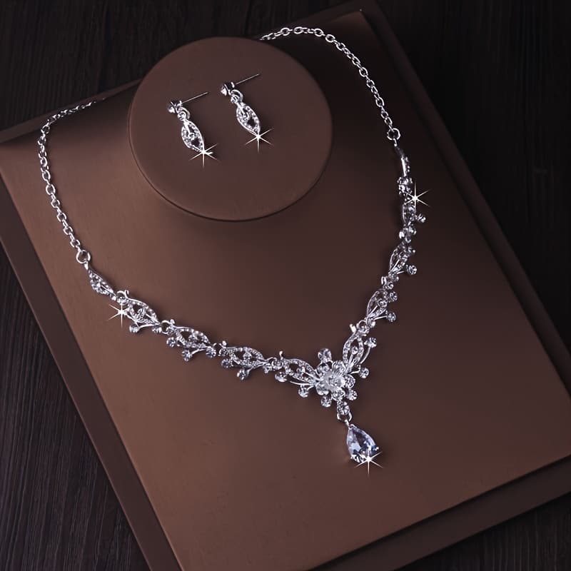 TEMU Bridal Accessories Wedding Necklace Women's Necklace Earring Set Flower Wedding Dress Chain Banquet Stage Performance Dress Birthday Party Accessories Necklace