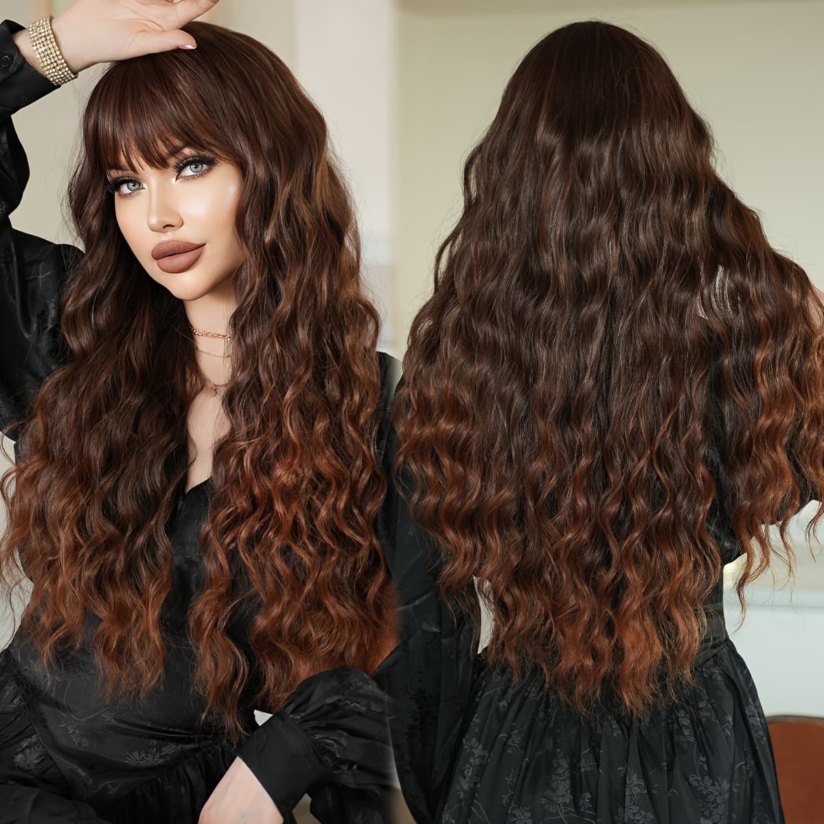 TEMU Routine Wigs Long Deep Wave Ombre Wigs With Bangs High Density Fluffy Heat Resistant Synthetic Hair Wig 30 Inches