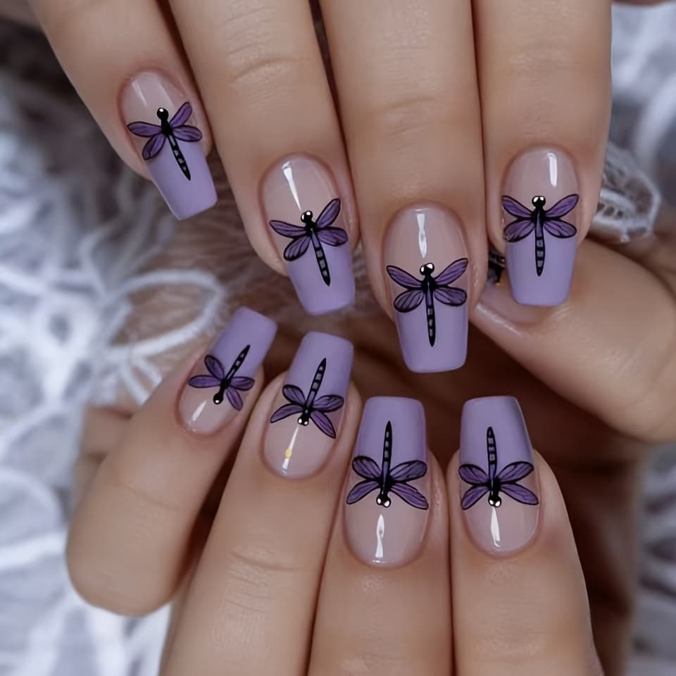 TEMU Gentle Purple Dragonfly Hand-painted Press-on Nails, 24pcs Spring/ And Manicure Set