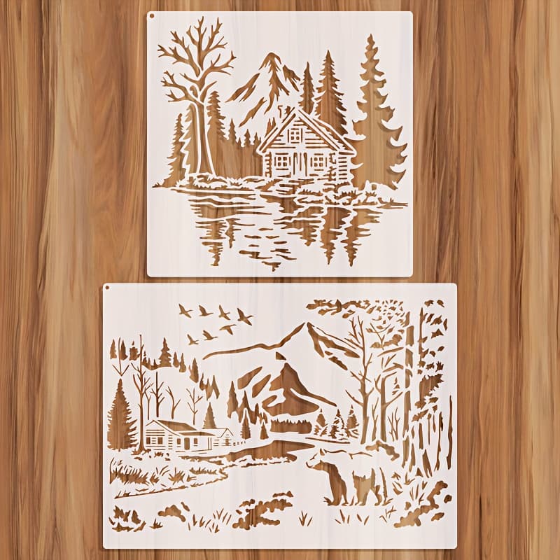 TEMU 2 Pack Natural Scenery Stencils, 12 Inch And 12x14 Inch Cabin Bear Lake Pattern Stencils For Wall Painting, Crafts, Reusable Outdoor Scenery Stencils For Art Lovers