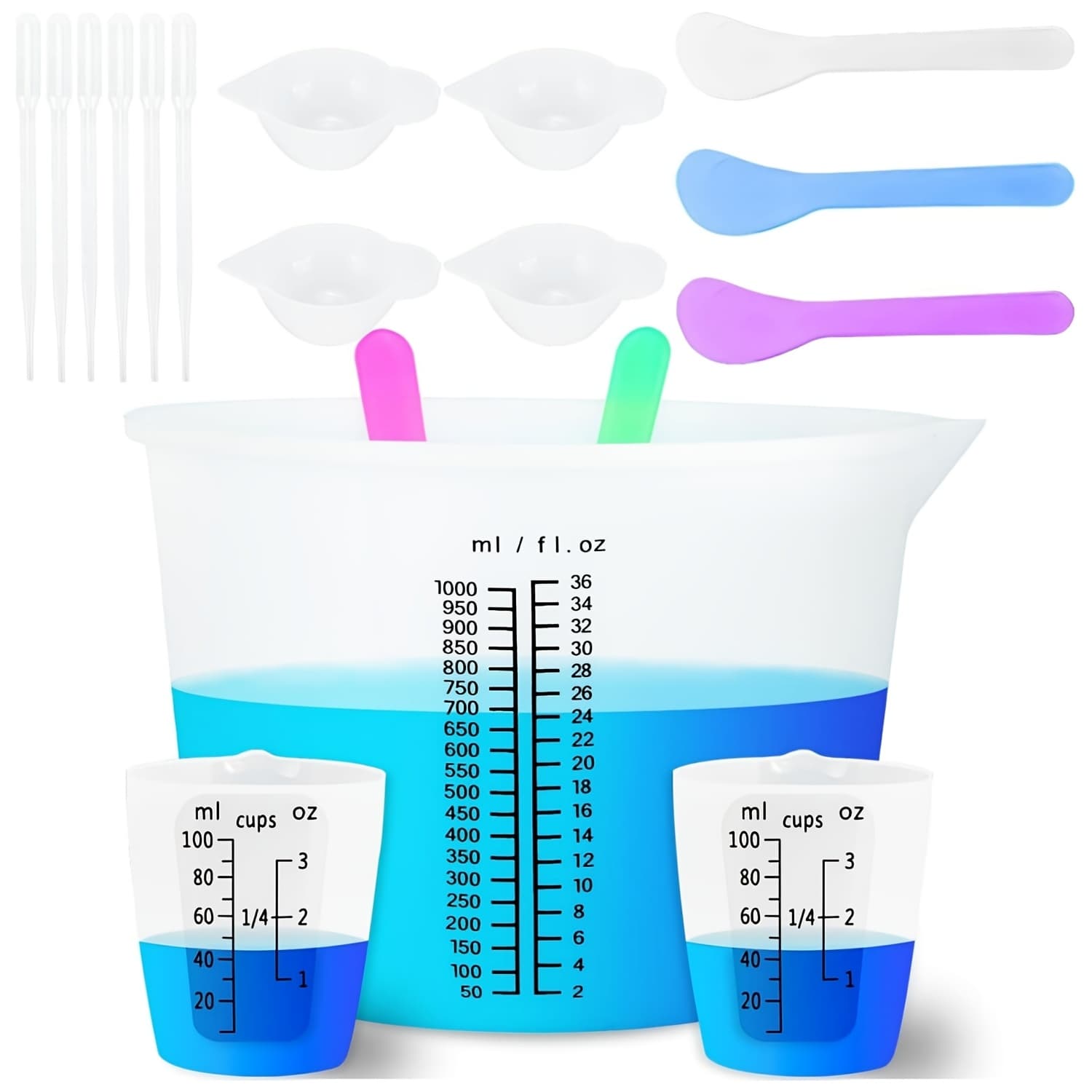 TEMU 1000ml Large Silicone Measuring Cups For Resin, Easy To Read 36oz Silicone Mixing Bowl With 100ml Silicone Resin Mixing Cup, Easy Clean Reusable Jewelry Casting Tools