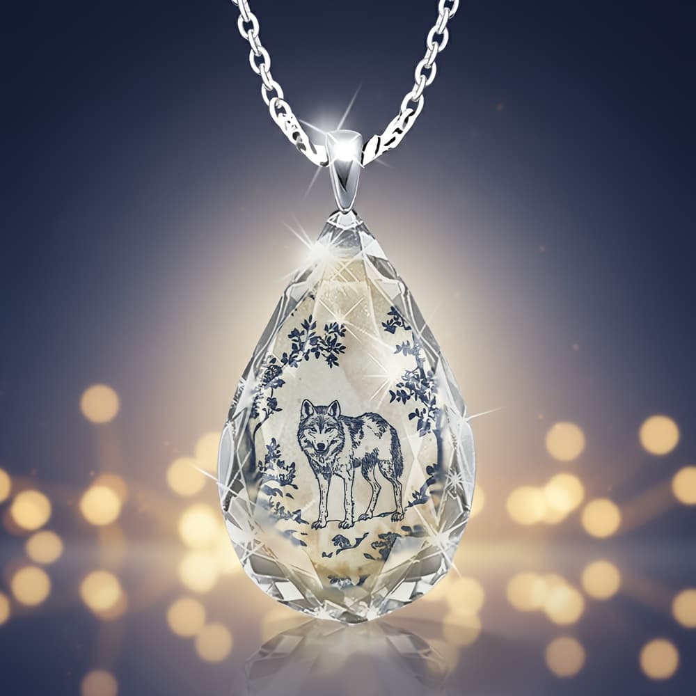 TEMU Women's Teardrop-shaped Glass Pendant Necklace With Wolf Illustration In , Elegant And , Suitable For Casual Attire And Special Occasions.