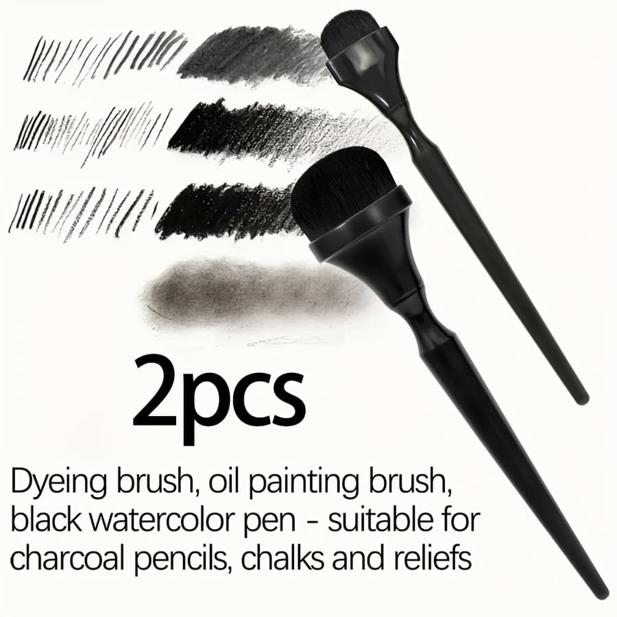 TEMU 2/3/5pcs Ergonomic Handle Rendering Brush Set - Black Plastic Oil Painting, Watercolor, Ink Wash, Charcoal, Chalk, Pastel, Embossing Brushes With Ergonomic Grip, Durable Plastic Handles Control