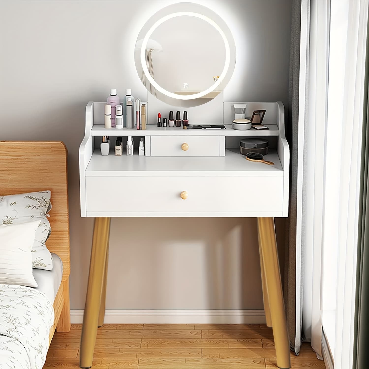 TEMU Vanity Desk,makeup Vanity Desk With Mirror And Lights, Makeup Vanity Desk With Drawer, Adult Bedside Table Dressing Table,brightness Adjustable Makeup Table For Bedroom Small Space