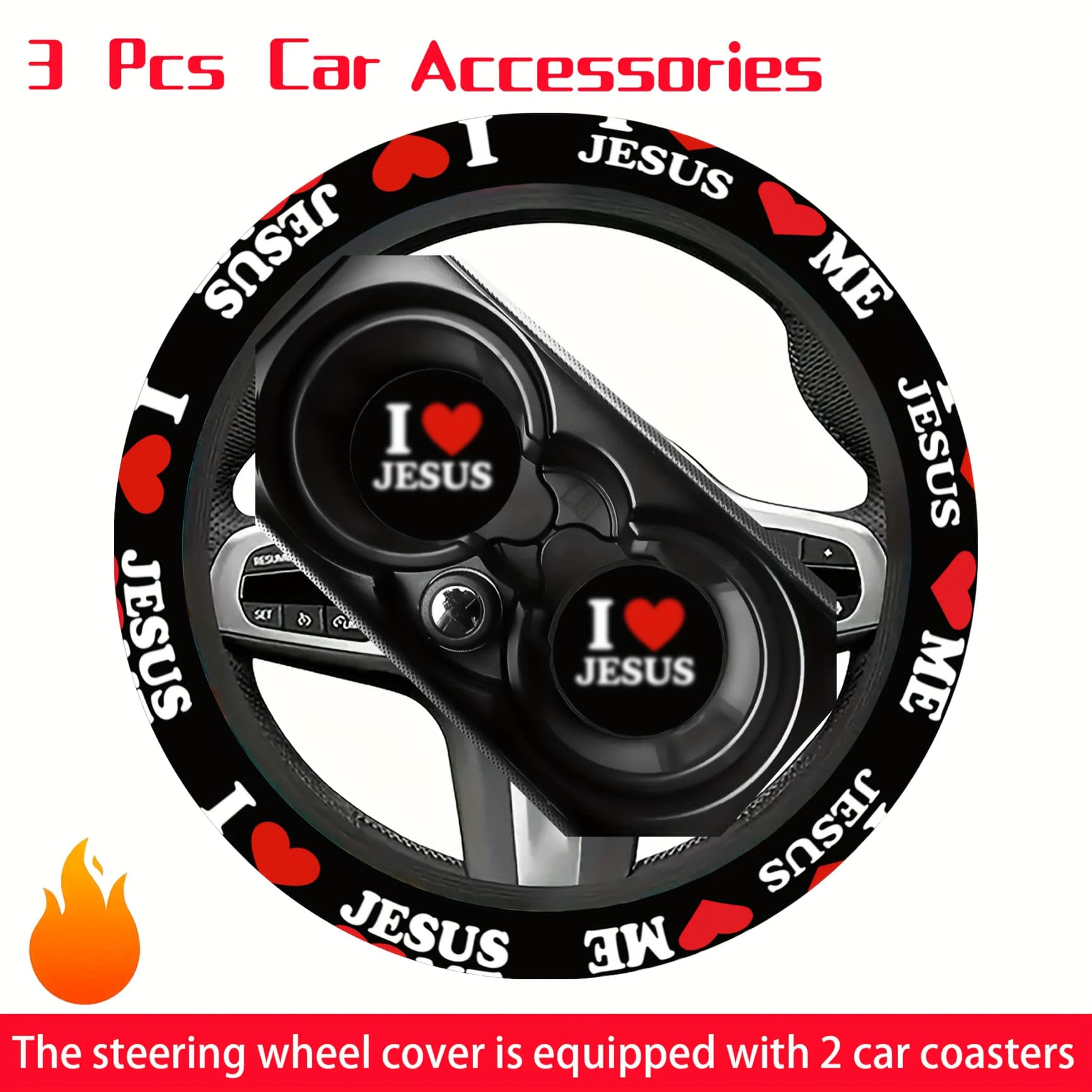 TEMU 3pcs Set Christian Theme "i Love " " Red Heart Pattern Non-slip Neoprene Steering Wheel Cover - Suitable For Cars, Trucks And Suvs, Universal Cute Steering Wheel Cover, Birthday/christmas Gift