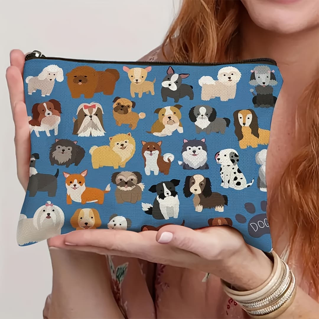 TEMU Dog Makeup Bag - Spacious & Durable Polyester, Double-sided Cartoon Design With Zipper For , Ideal Gift For Women And Girls