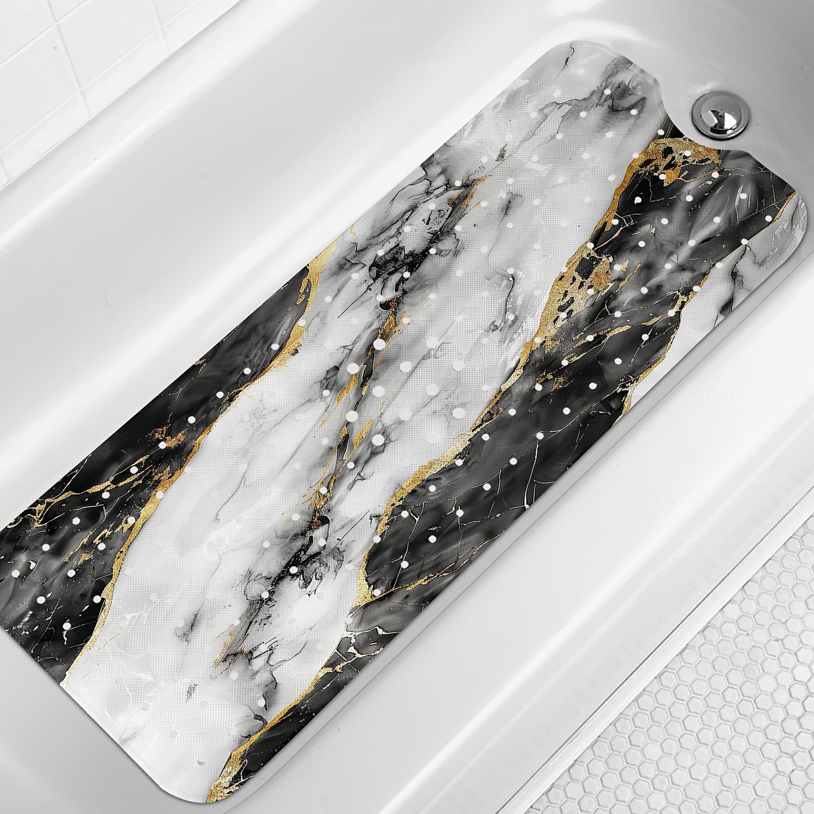 TEMU Marble Bath Tub Mat Non-slip, Black Marble Non-slip Bath Mat For Shower, Large Washable Shower Mats For Showers With Drain Holes And Suction Cups, 40 X 16 Inch