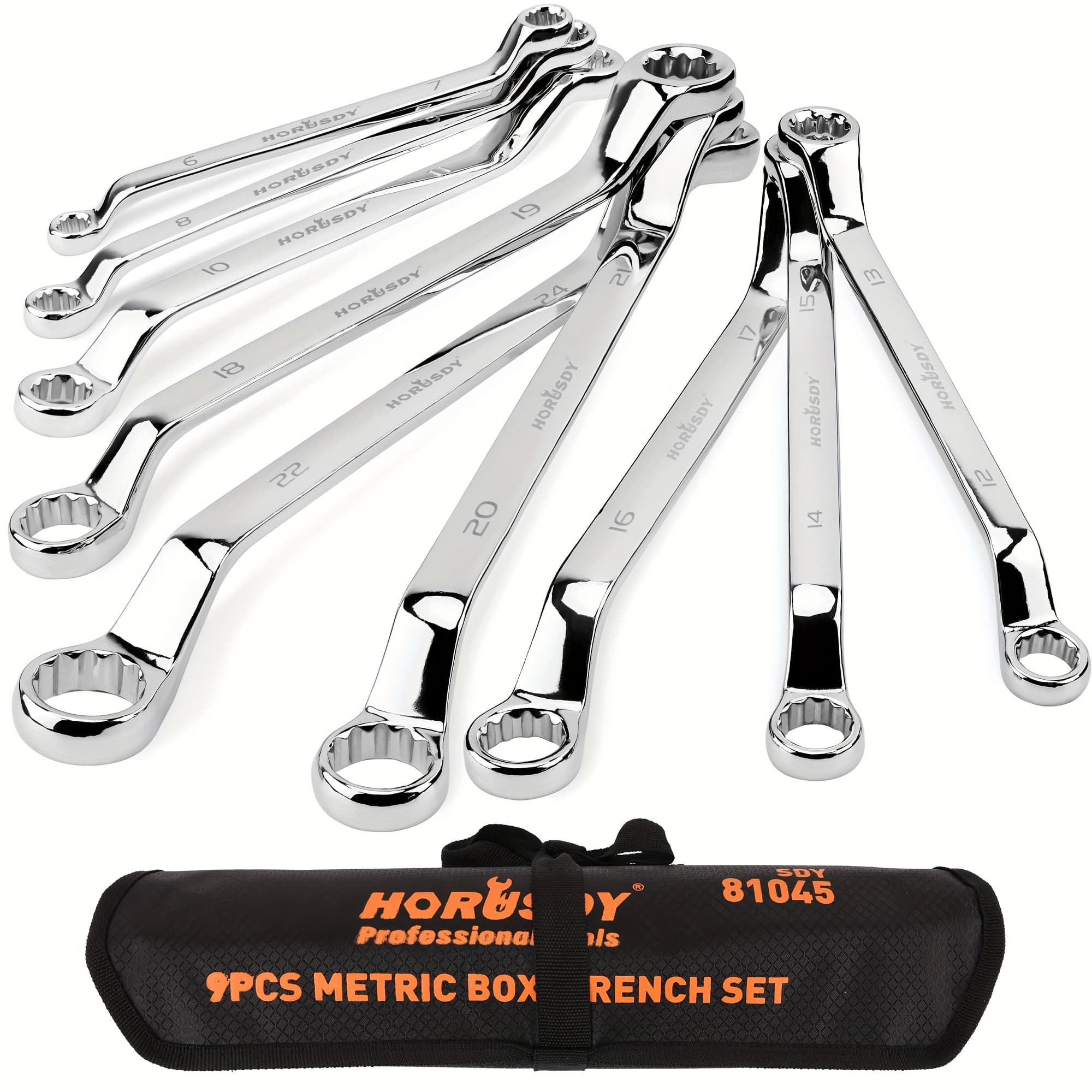 TEMU 9pcs Metric Offset Box Wrench Set With Rolling Pouch, 75-degree, Metric 6-24mm, Cr-