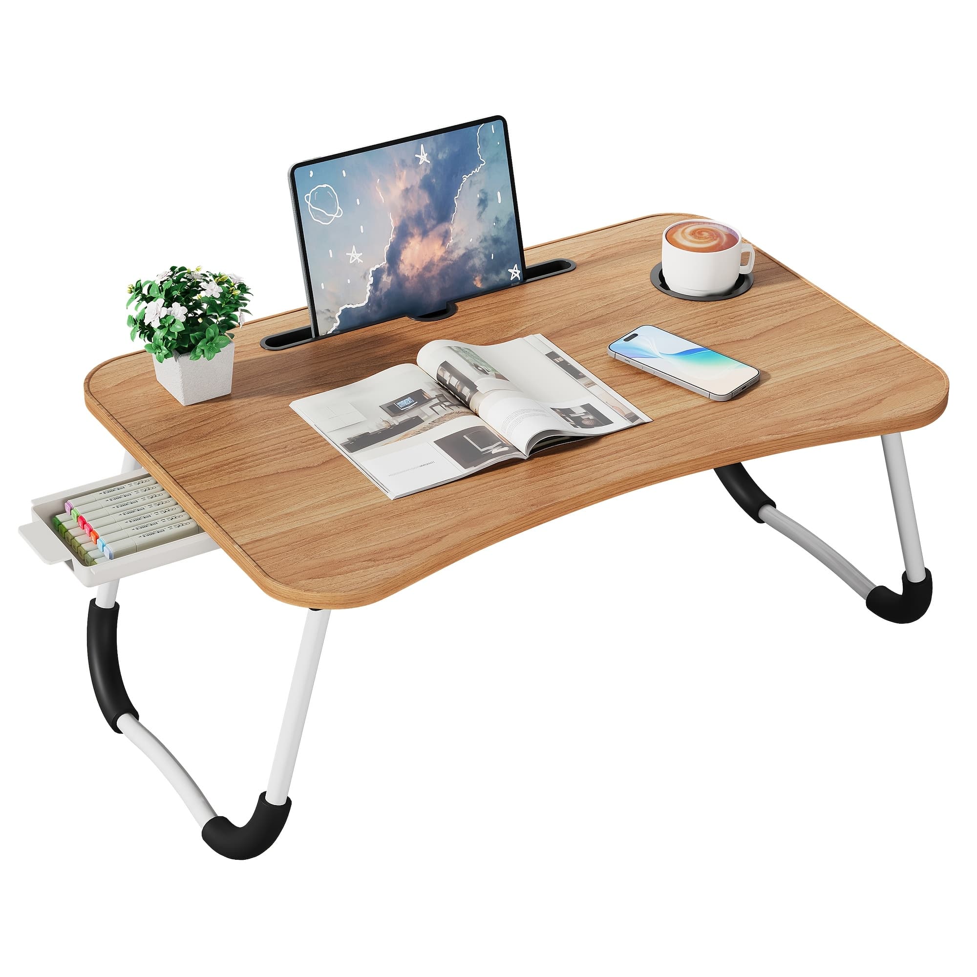 TEMU Foldable Laptop Lap Desk With Cup Holder And Drawer - Portable Dining Bed Tray, Suitable For Dining, Writing, Sofa And Floor Use