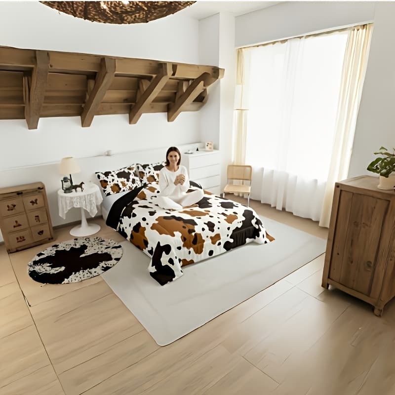 TEMU 2/3pcs Cow Print Comforter Set | Brown Highland Cow Quilting Bedding Set, Western Style Bedding With Milk Cow Print, Breathable Polyester Filling, Microfiber Cover, Hypoallergenic