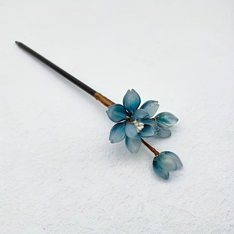TEMU | Chic Vintage Floral Hairpin - Blue And White, Fashionable Metal Hairpiece For Updos And Buns, Hair