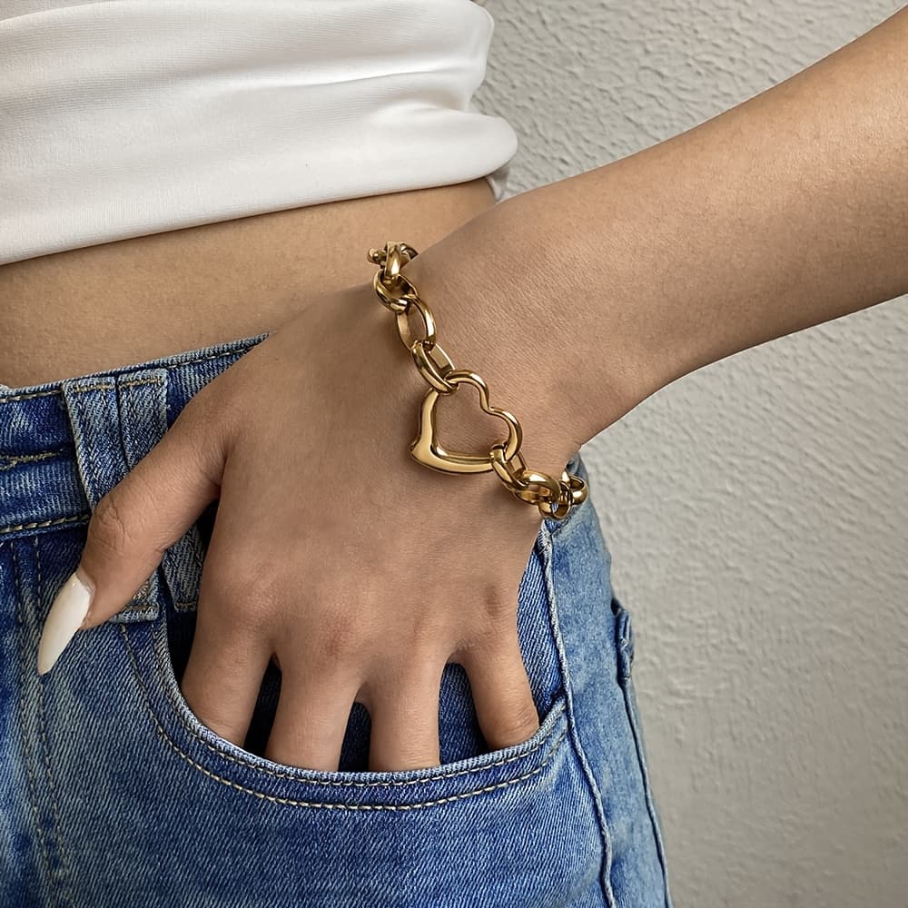 TEMU 1pc Elegant 304 Stainless -shaped Pendant Bracelet - Chic Golden & Silvery Chain For Couples - Ideal For Everyday, Party Wear, Valentine's, Thanksgiving, & Wedding Gifts, For Teenager