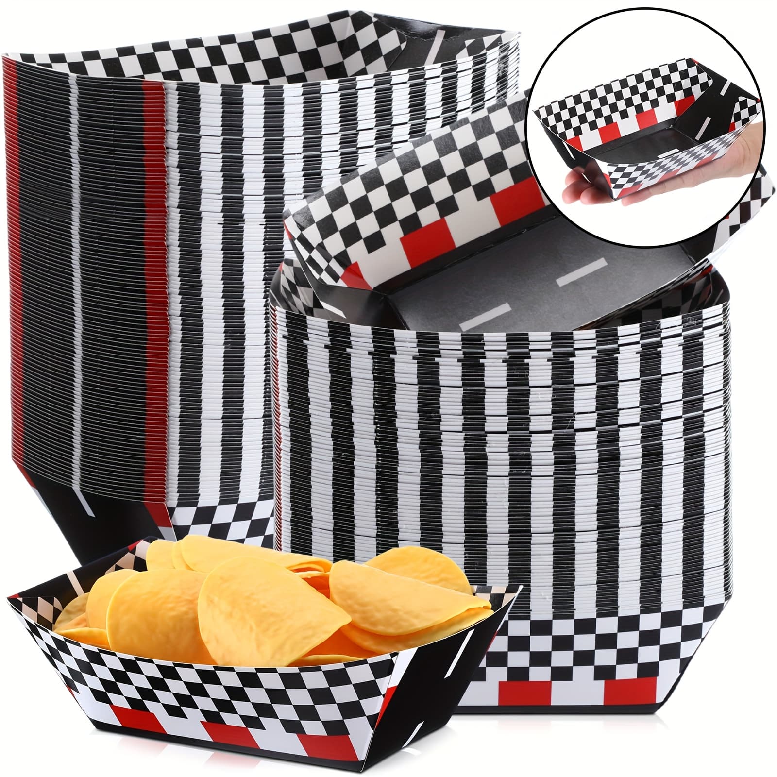 TEMU 100-piece Racing Paper Food Tray Checkered Tray Disposable Racing Party Black And White Checkered Food Tray Racing Theme Party Birthday Party Shower