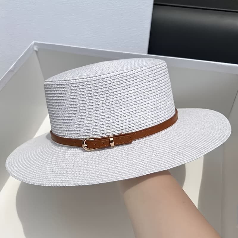 TEMU Straw Belt Hat For Men And Women, Summer Flat-brimmed Straw Ceremonial Hat For , Vacations, Seaside Sunshade And.