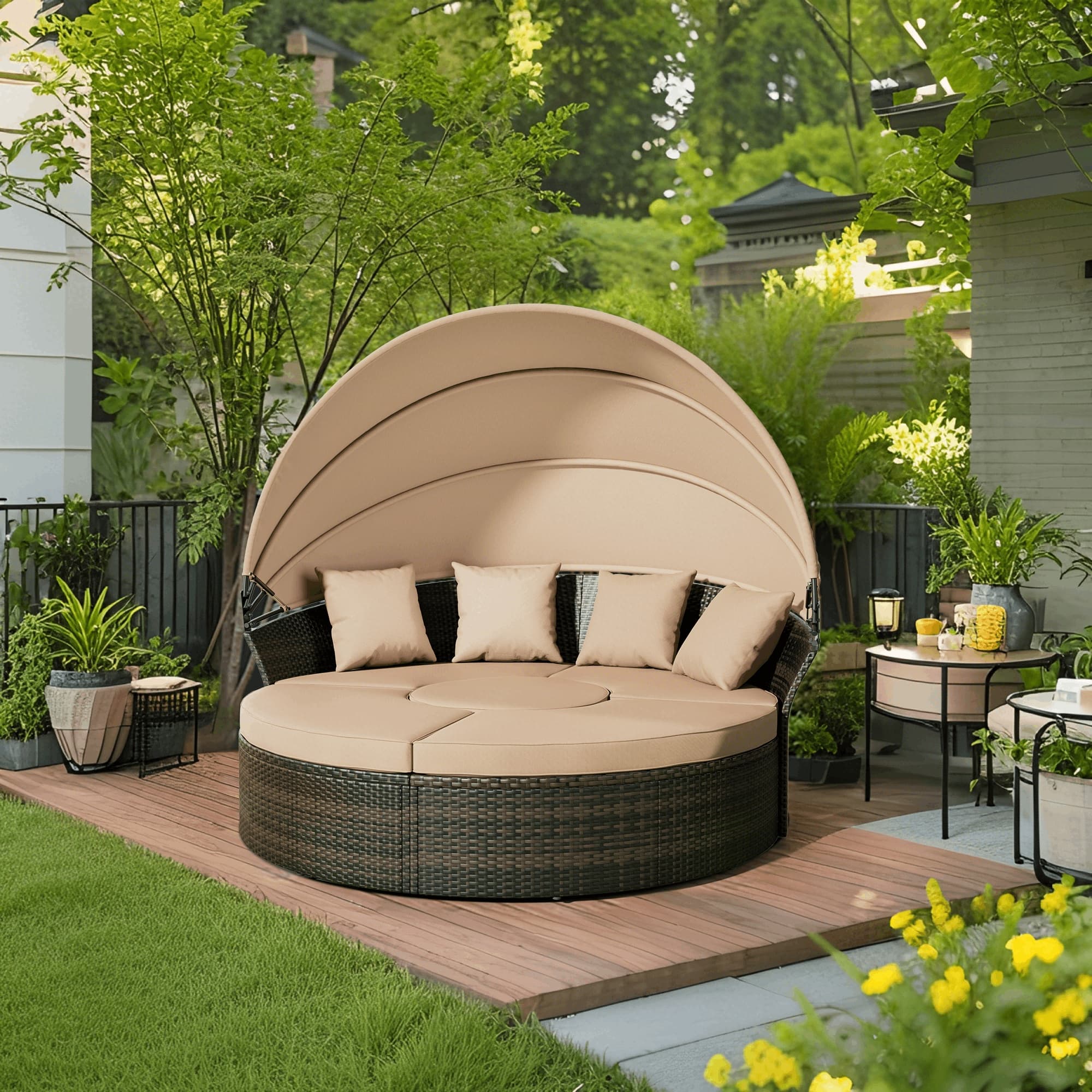 TEMU Outdoor Patio Round Daybed With Retractable Canopy, Clamshell Sectional Seating Wicker Furniture With Washable Cushions For Backyard, Lawn, Poolside, Garden, And Outdoor , Brown