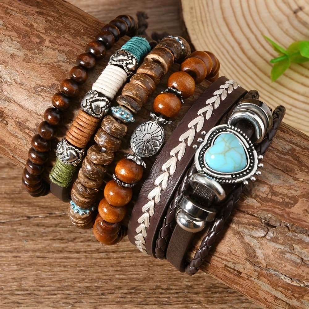 TEMU Coconut Bead Faux Leather 6pcs Set, Unisex, Couple Set, Gift, For Teenager, For Teenager