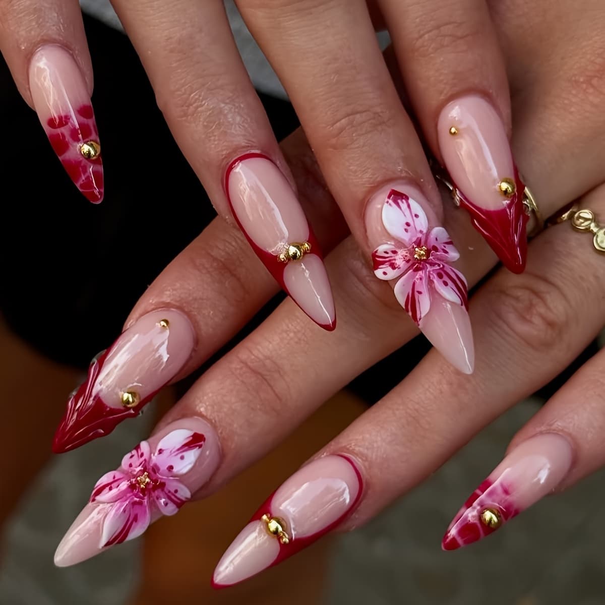 TEMU 3d Transparent Red Pointed Long Almond Nail Tips, Mixed Color Press-on Nails, Exquisite 5d With Golden Accents, Reusable Fake Nails, Suitable For Vacations, Parties, And Daily Wear