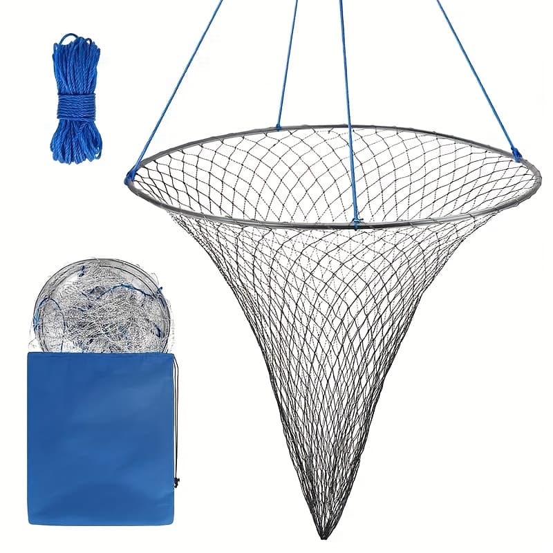 TEMU 1pc Stainless Steel Folding With Rope, Collapsible Boat And Dock Landing Net, For Fishing And Catching Crabs, With Storage Bag
