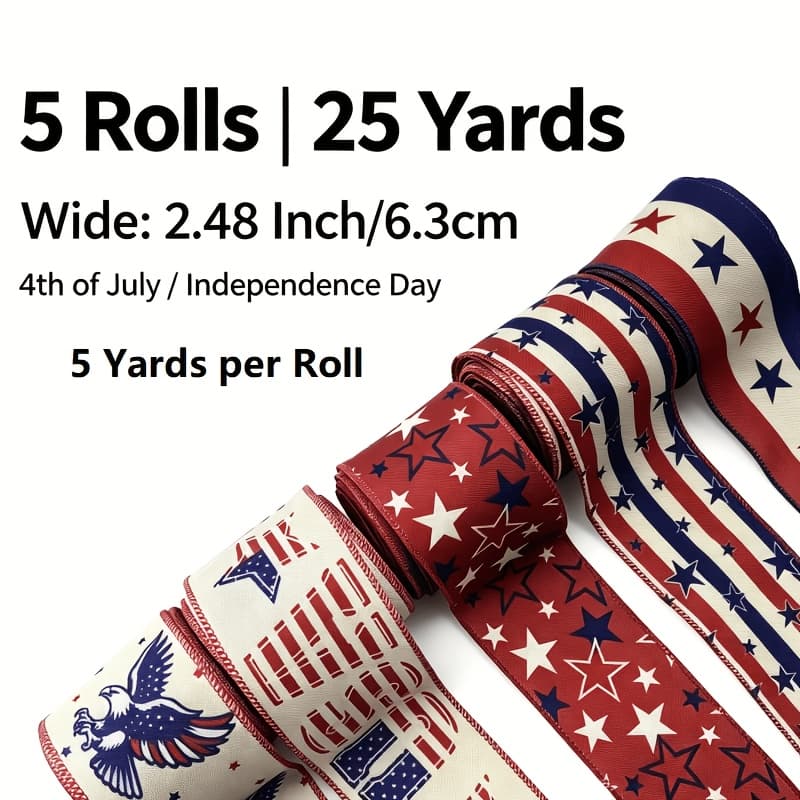 TEMU Make Bulk Patriotic Crafts: 5 Rolls 25y American Flag Wired Ribbon 6.3cm For Projects// Day/ Memorial Day