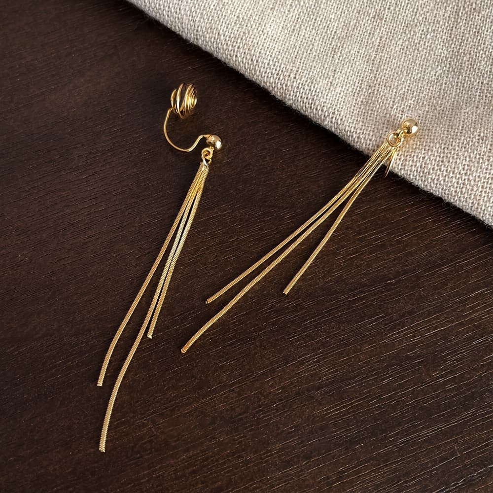 TEMU Of Metal Texture Minimalist Slimming Long Snake Bone Chain Tassel No-piercing Ear Clips For Women Mosquito Incense Plate -free Earrings